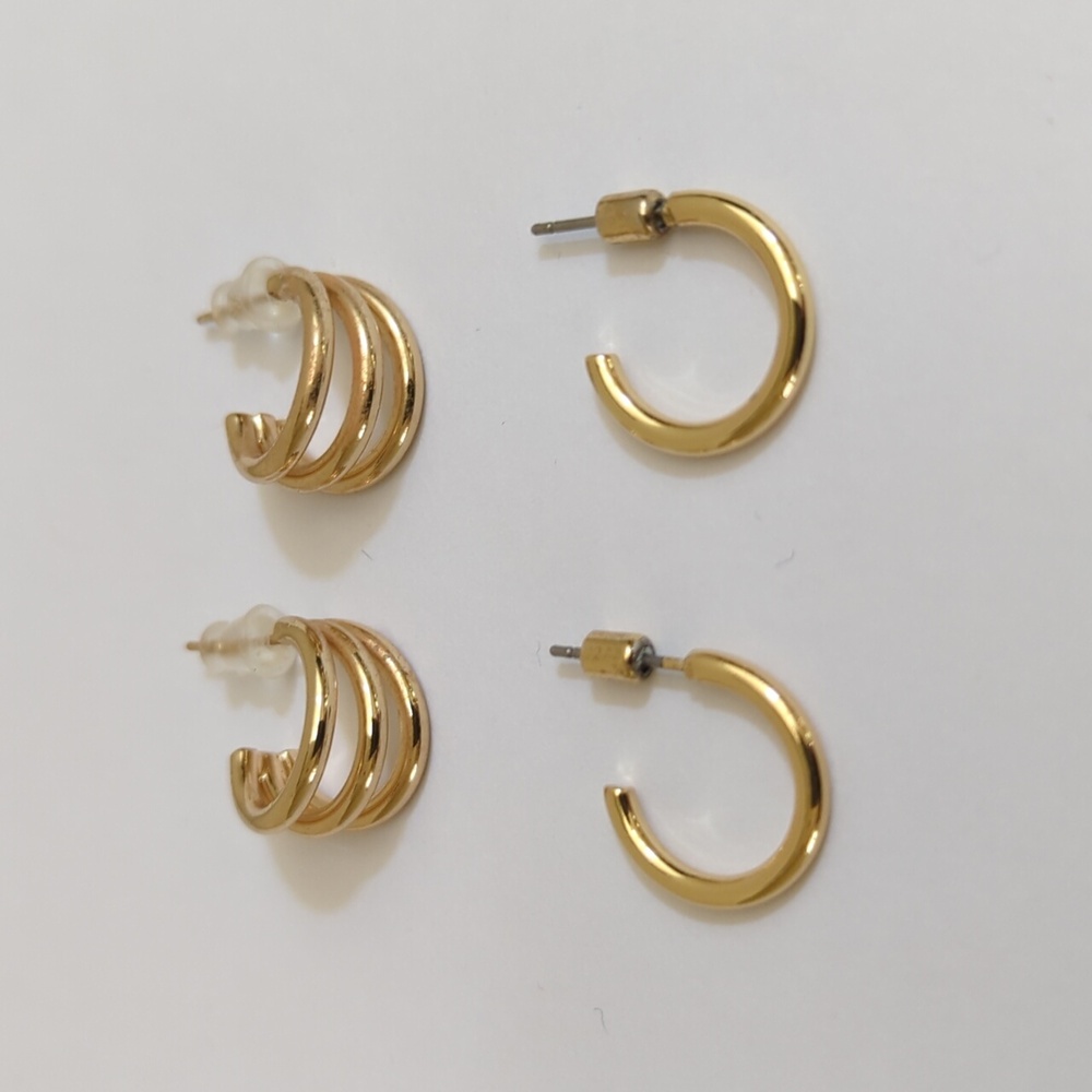Gold Tone Single Tube and Triple Hoop Earrings Bundle